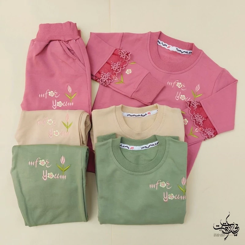 ست بلوز شلوار دخترانه نخ پنبه مدل گلدوزی آستین توری
